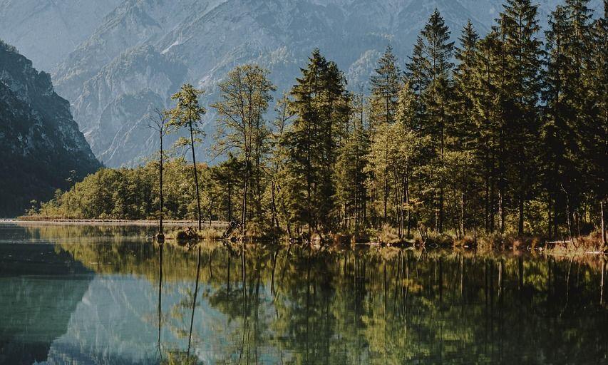 Calm mountain lake with a clear reflection of the peaks